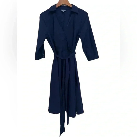 ModCloth Navy Blue 3/4 Sleeve Wrap Shirt Dress w/Pockets Belt Tie Size Large - Picture 7 of 7